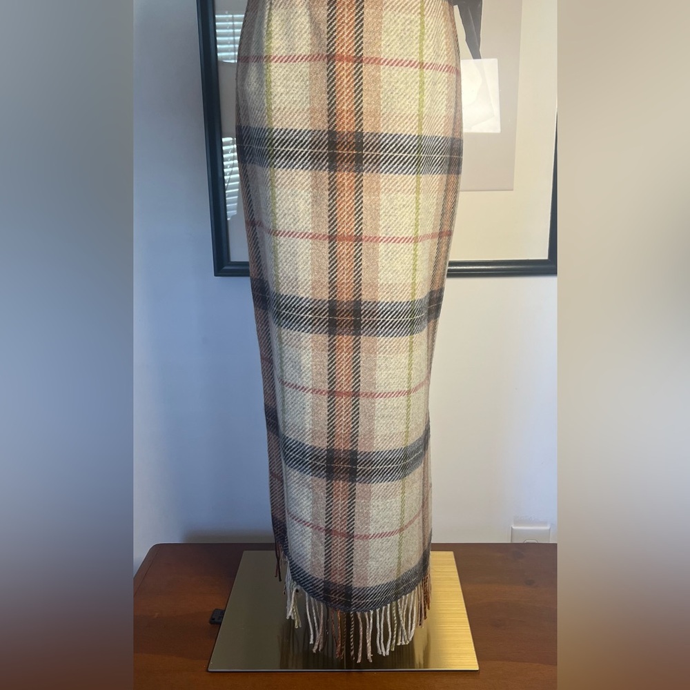 Harold's Elegant Plaid Pencil Skirt in Cream and Black with fringe on bottom hem